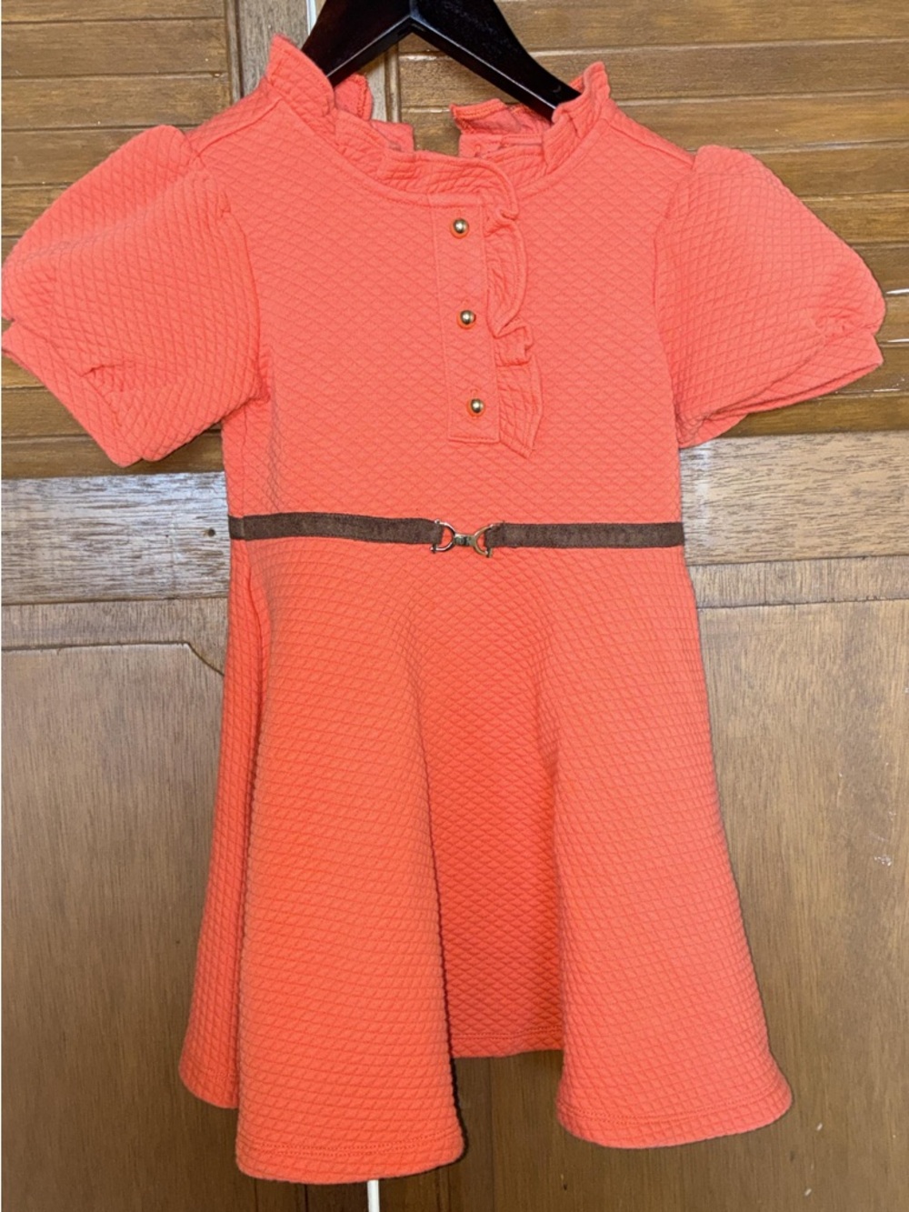 Janie and Jack Coral Ruffle Neck Fit & Flare Dress with Brown Belt